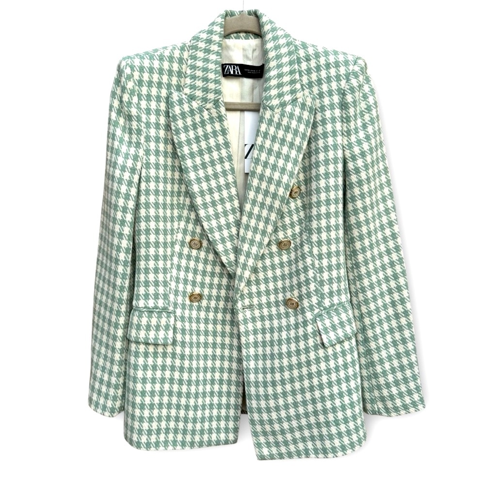Zara Mint Green & White Houndstooth Double-Breasted Blazer
